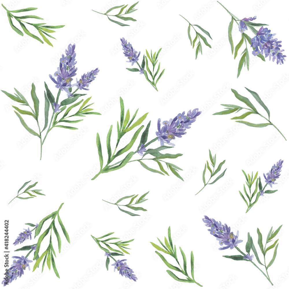 Fototapeta premium Mediterranean style watercolor illustration. Summer nature view. Leaves and lavender seamless pattern.