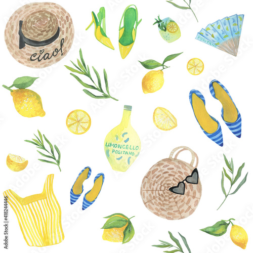 Mediterranean style watercolor illustration. Summer nature view. Acessories with lemons. Seamless pattern.