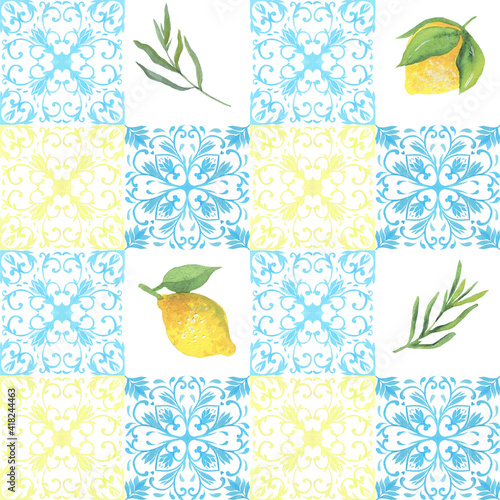 Mediterranean style watercolor illustration. Summer nature view. Mediterranean tiles.