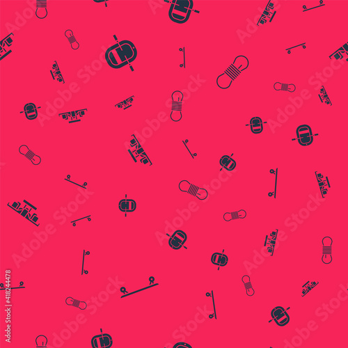 Set Longboard or skateboard, Rafting boat, Formula 1 racing car and Climber rope on seamless pattern. Vector.