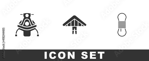 Set Snowmobile, Hang glider and Climber rope icon. Vector.