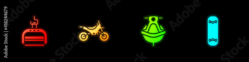 Set Ski lift, Mountain bike, Jet ski and Skateboard trick icon. Vector.