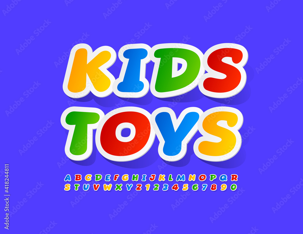Vector colorful emblem Kids Toys. Bright Cartoon Font. Artistic Alphabet Letters and Numbers