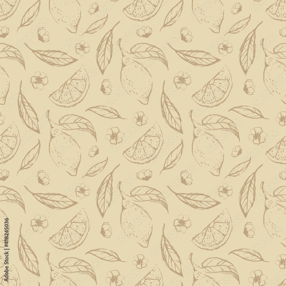 Fototapeta premium Lemon hand draw seamless pattern background wallpaper. Cute seamless pattern with lemons. Vector seamless pattern with lemon, leaves and flower. Citrus line seamless background.