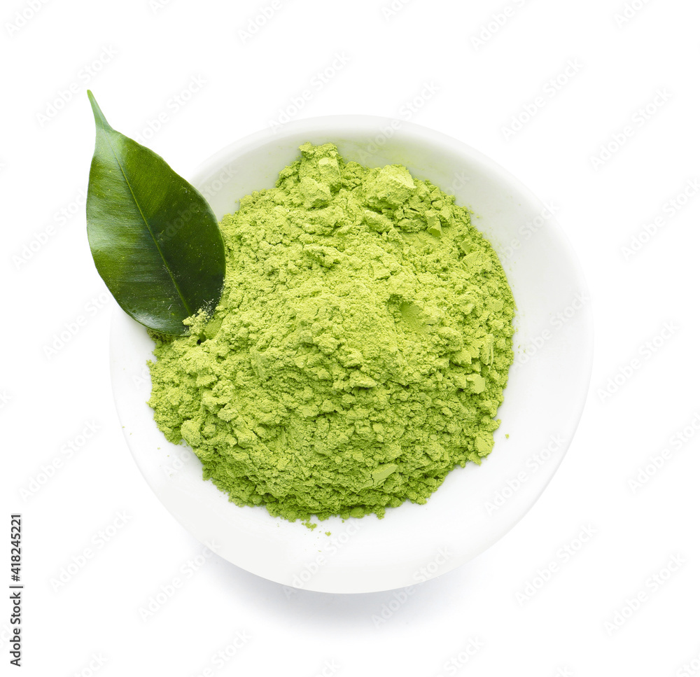 Bowl with powdered matcha tea on white background Bowl with powdered matcha tea on white background