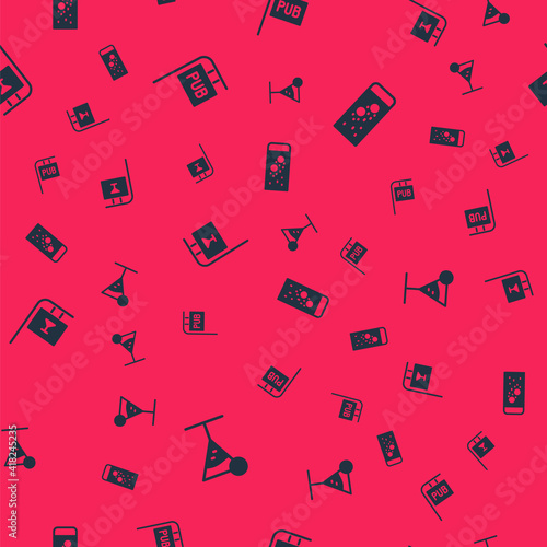 Set Martini glass, Street signboard with Pub, Bar and Effervescent tablets water on seamless pattern. Vector.