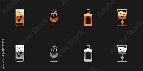 Set Effervescent tablets in water, Cocktail, Whiskey bottle and Wine glass icon. Vector.