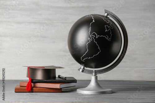 Globe with graduation hat a...