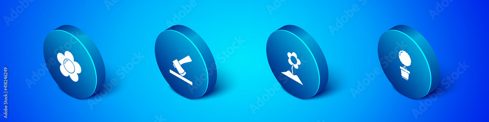 Set Isometric Flower, , in pot and Wooden axe icon. Vector. Set Isometric Flower, , in pot and Wooden axe icon. Vector.