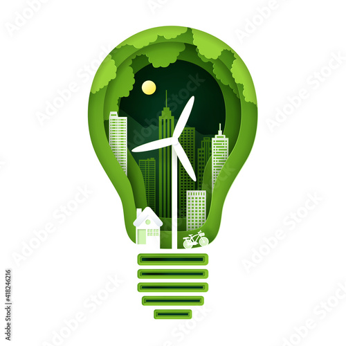 Vector and digital craft style of nature landscape, Green eco city concept.