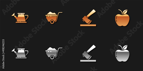 Set Watering can, Wheelbarrow with dirt, Wooden axe and Apple icon. Vector.