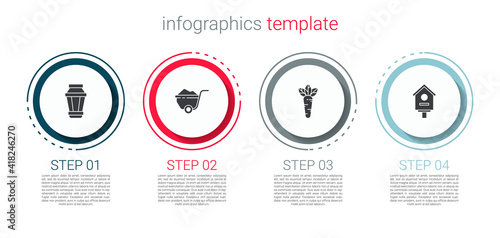 Set Garden light lamp, Wheelbarrow with dirt, Carrot and Bird house. Business infographic template. Vector.