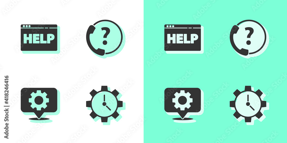 Set Time Management, Browser help, Location with gear and Telephone 24 hours support icon. Vector. Set Time Management, Browser help, Location with gear and Telephone 24 hours support icon. Vector.