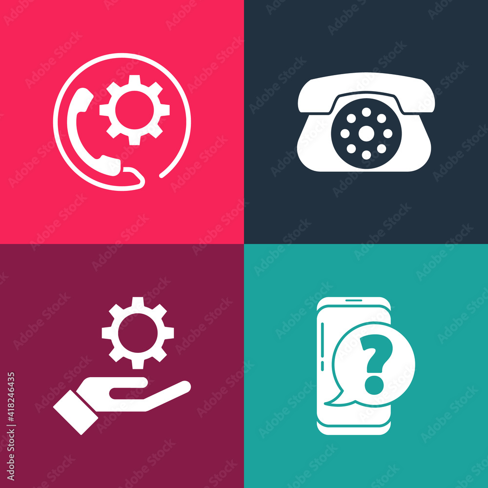 Set pop art Mobile phone with question, Settings in the hand, Telephone and 24 hours support icon. Vector. Set pop art Mobile phone with question, Settings in the hand, Telephone and 24 hours support icon. Vector.