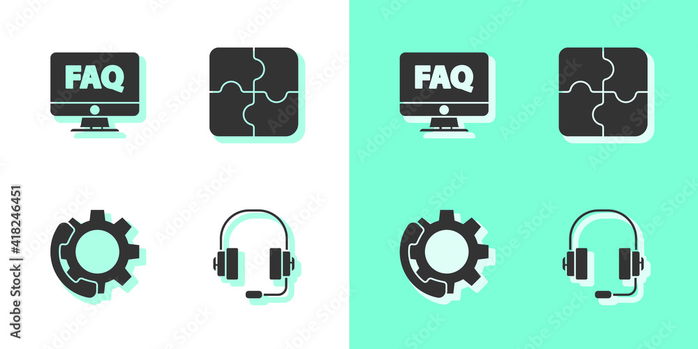 Set Headphones, Computer monitor and FAQ, Telephone 24 hours support and Piece of puzzle icon. Vector. Set Headphones, Computer monitor and FAQ, Telephone 24 hours support and Piece of puzzle icon. Vector.