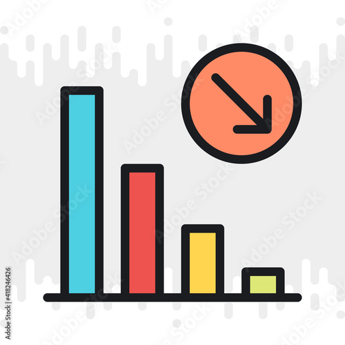 Decline chart icon. Concept of falling stock markets or declining profits in business. Simple color version on a light gray background