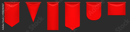Red pennant flags mockup, blank hanging banners with rounded, pointed and straight edges. Medieval heraldic ensign template, scarlet canvas. Realistic 3d vector icons isolated on black background, set