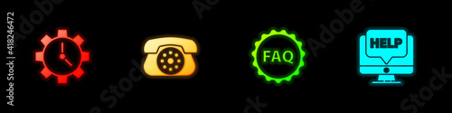 Set Time Management, Telephone, Label with text FAQ and Computer monitor and help icon. Vector.