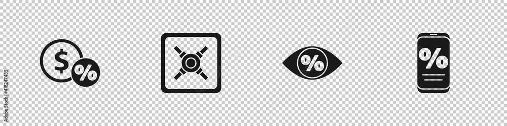 Set Money coin with percent, Safe, Eye and Percent discount and mobile icon. Vector. Set Money coin with percent, Safe, Eye and Percent discount and mobile icon. Vector.