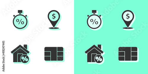 Set Credit card with chip, Stopwatch and percent, House percant discount and Cash location icon. Vector.