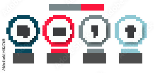 Set Gamepad, Music synthesizer, Joystick for arcade machine and Golf ball on tee. Business infographic template. Vector.