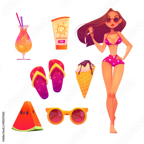 Summer beach set with woman in bikini, cocktail, sunglasses and slippers. Vector cartoon icons of vacation on tropical resort with girl in swimsuit, ice cream, watermelon slice and sunscreen
