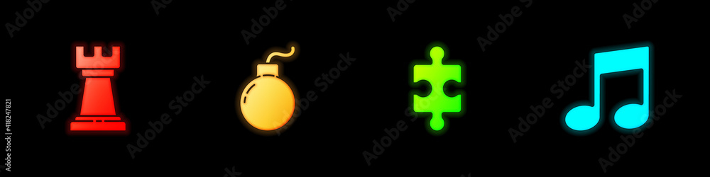 Set Business strategy, Bomb ready to explode, Piece of puzzle and Music note, tone icon. Vector. Set Business strategy, Bomb ready to explode, Piece of puzzle and Music note, tone icon. Vector.