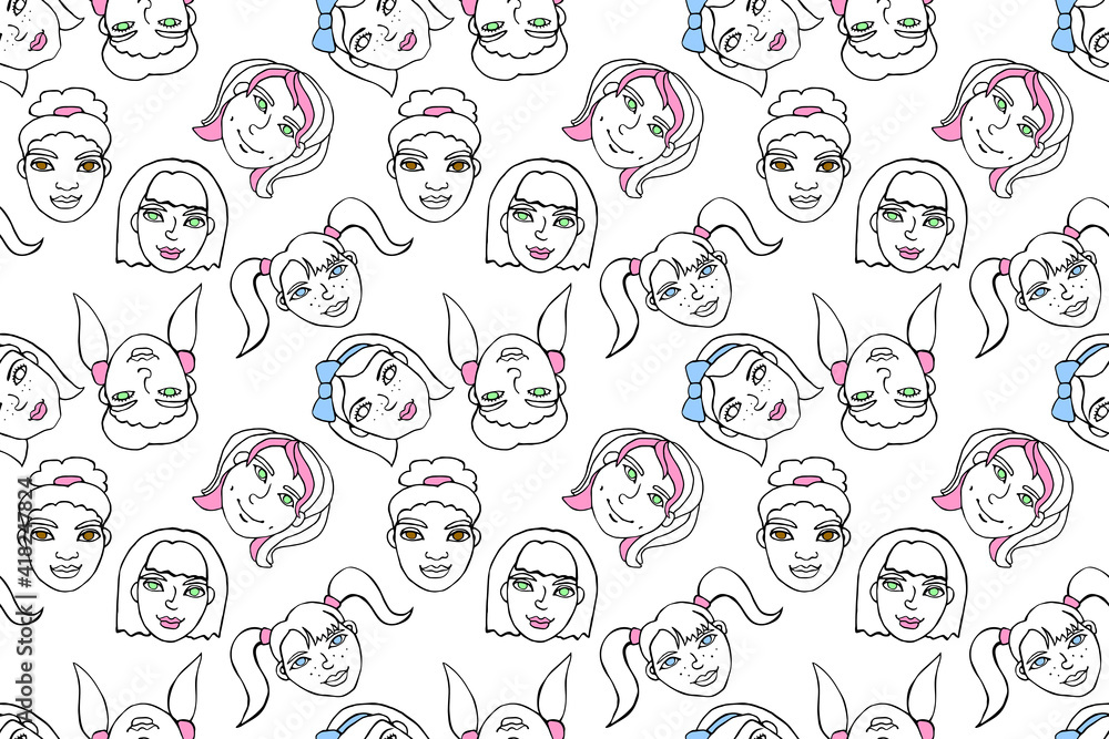 Seamless pattern with cartoon faces vector people. Hand drawn doodle illustration. Heads of women, girls. Multicolor texture backdrop