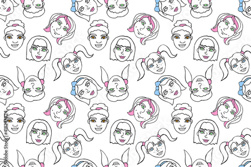 Fototapeta Naklejka Na Ścianę i Meble -  Seamless pattern with cartoon faces vector people. Hand drawn doodle illustration. Heads of women, girls. Multicolor texture backdrop