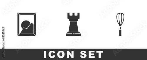 Set Picture landscape, Business strategy and Kitchen whisk icon. Vector.