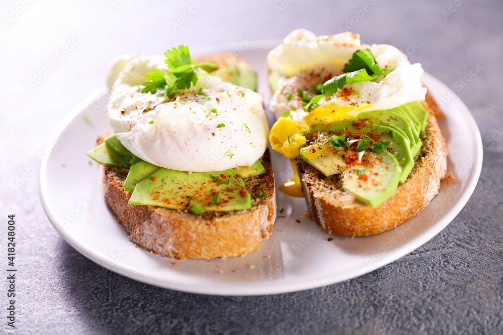 bread toast with avocado and poached egg