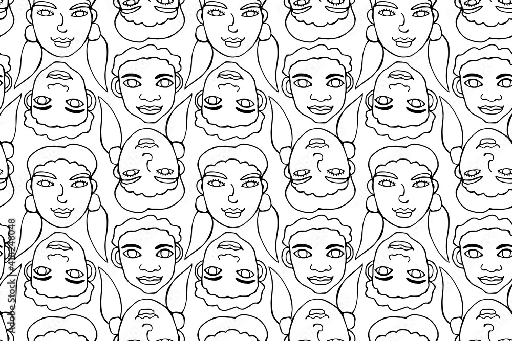 Seamless pattern with cartoon faces vector people. Hand drawn line art illustration. Outline doodle heads of women, men, boys, girls. Texture backdrop