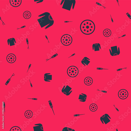 Set Awl tool, Sweater, and Sewing button on seamless pattern. Vector.