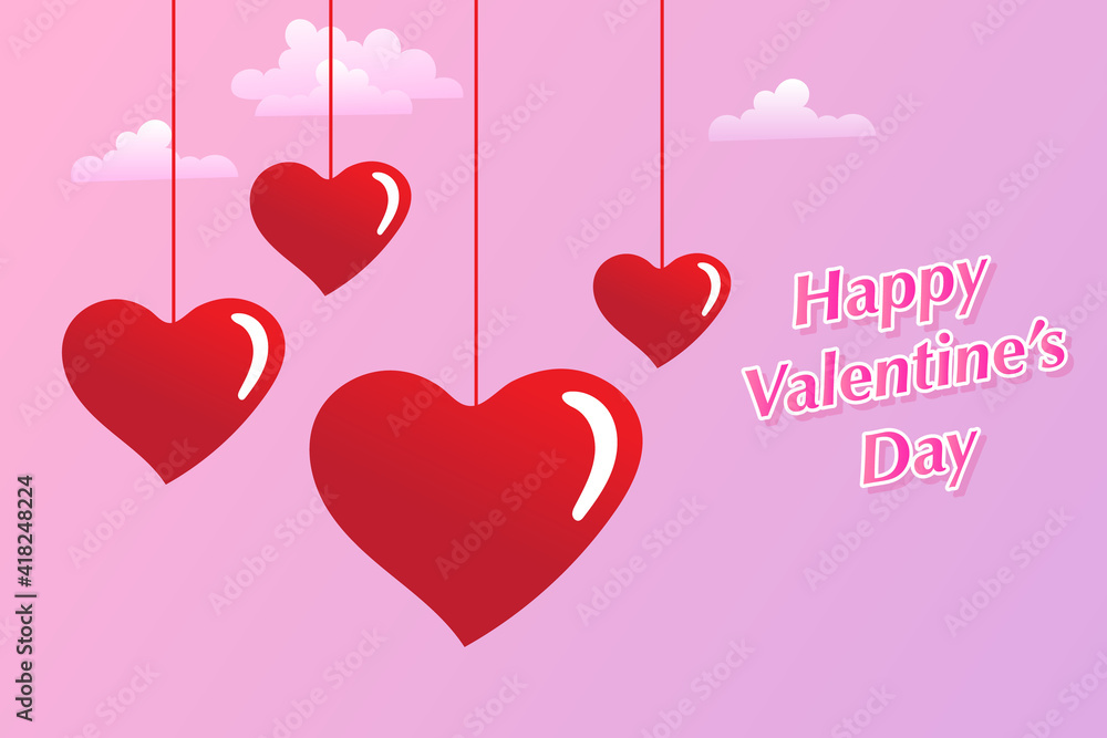 Valentines day sale poster with red hearts and clouds on pink background. Lettering Happy Valentines Day banner. Vector illustration