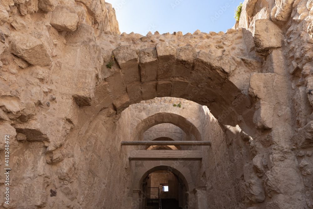 Partially  restored entrance to the ruins of the palace of King Herod - Herodion in the Judean Desert, in Israel