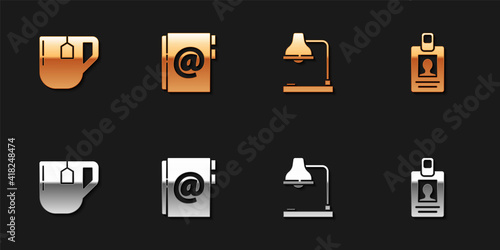 Set Cup of tea with tea bag, Address book, Table lamp and Identification badge icon. Vector.