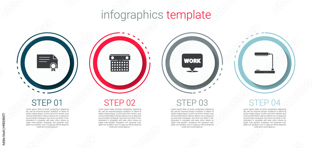 Set Certificate template, Calendar, Location with text work and Table lamp. Business infographic template. Vector.