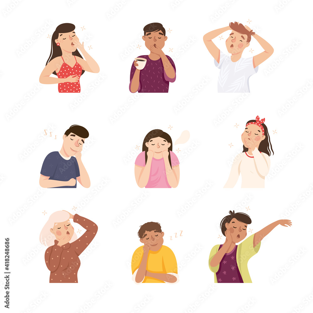 Sleepy Man and Woman Yawning Feeling Need for Sleep Bust Shot Vector Illustration Set Sleepy Man and Woman Yawning Feeling Need for Sleep Bust Shot Vector Illustration Set