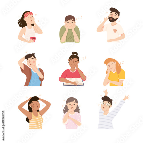 Sleepy Man and Woman Yawning Feeling Need for Sleep Vector Illustration Set