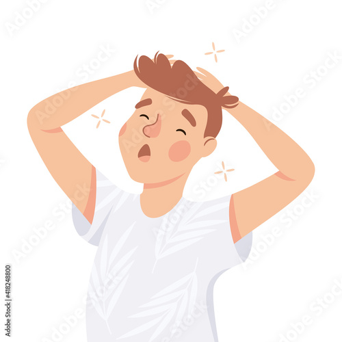 Drowsy Man Stretching and Yawning Feeling Need for Sleep Vector Illustration