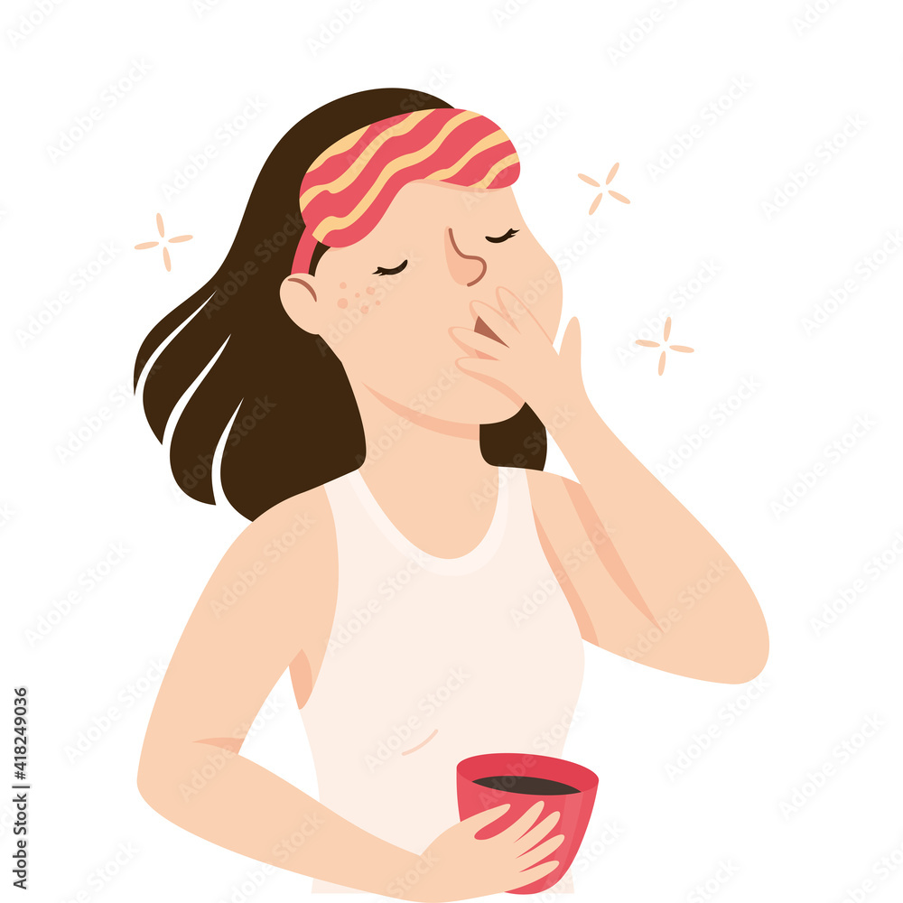 Sleepy Woman with Cup of Coffee Yawning Covering His Mouth with His Hand Feeling Need for Sleep Vector Illustration Sleepy Woman with Cup of Coffee Yawning Covering His Mouth with His Hand Feeling Need for Sleep Vector Illustration