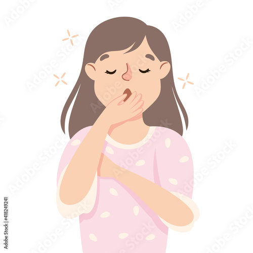 Sleepy Woman Yawning Covering Her Mouth with Her Hand Feeling Need for Sleep Vector Illustration
