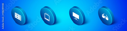 Set Isometric Online play video, Smart Tv, 3D cinema glasses and Retro tv icon. Vector.