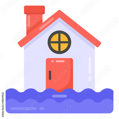 
Natural disaster, flat icon of flood, house floating in water

