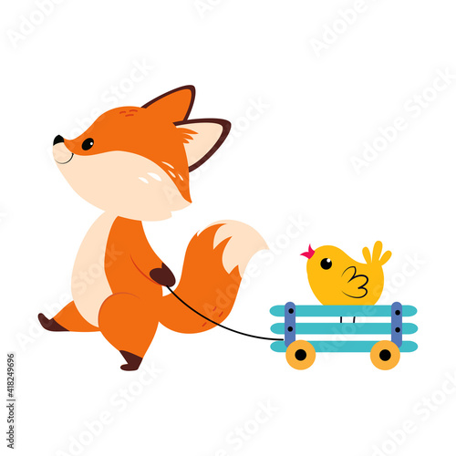 Cute Little Fox Pulling Waggon with Chick Vector Illustration