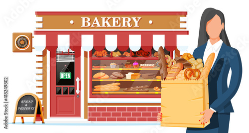 Bakery shop building facade with woman customer. Baking store, cafe, bread, pastry and dessert shop. Showcases with various bread and cakes products. Market or supermarket. Flat vector illustration