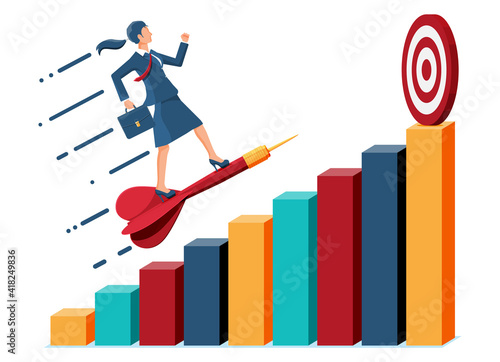 Businesswoman aim arrow to target. Goal setting. Smart goal. Business target. Achievement and success. Concept of success career growth. Achievement and goal. Flat vector illustration