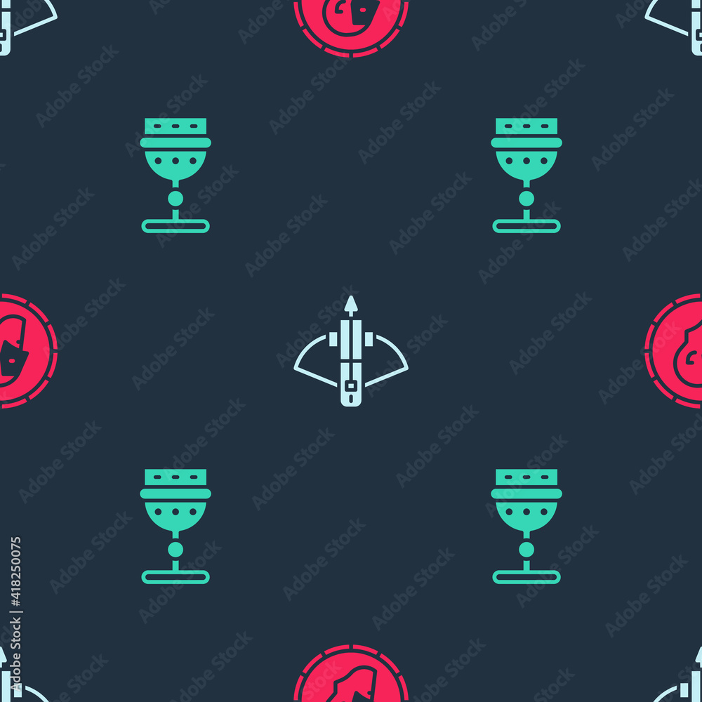 Set Ancient coin, Battle crossbow with arrow and Medieval goblet on seamless pattern. Vector. Set Ancient coin, Battle crossbow with arrow and Medieval goblet on seamless pattern. Vector.