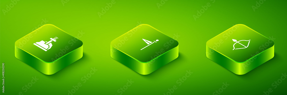 Set Isometric Medieval flag, bow and arrow and Sword in the stone icon. Vector. Set Isometric Medieval flag, bow and arrow and Sword in the stone icon. Vector.