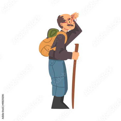 Moustached Grandpa with Backpack Hiking Vector Illustration